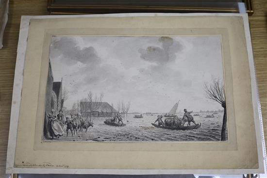 Late 18th century Dutch School, pen, ink and watercolour en grisaille, people fleeing a flood, indistinctly signed, 18 x 29cm